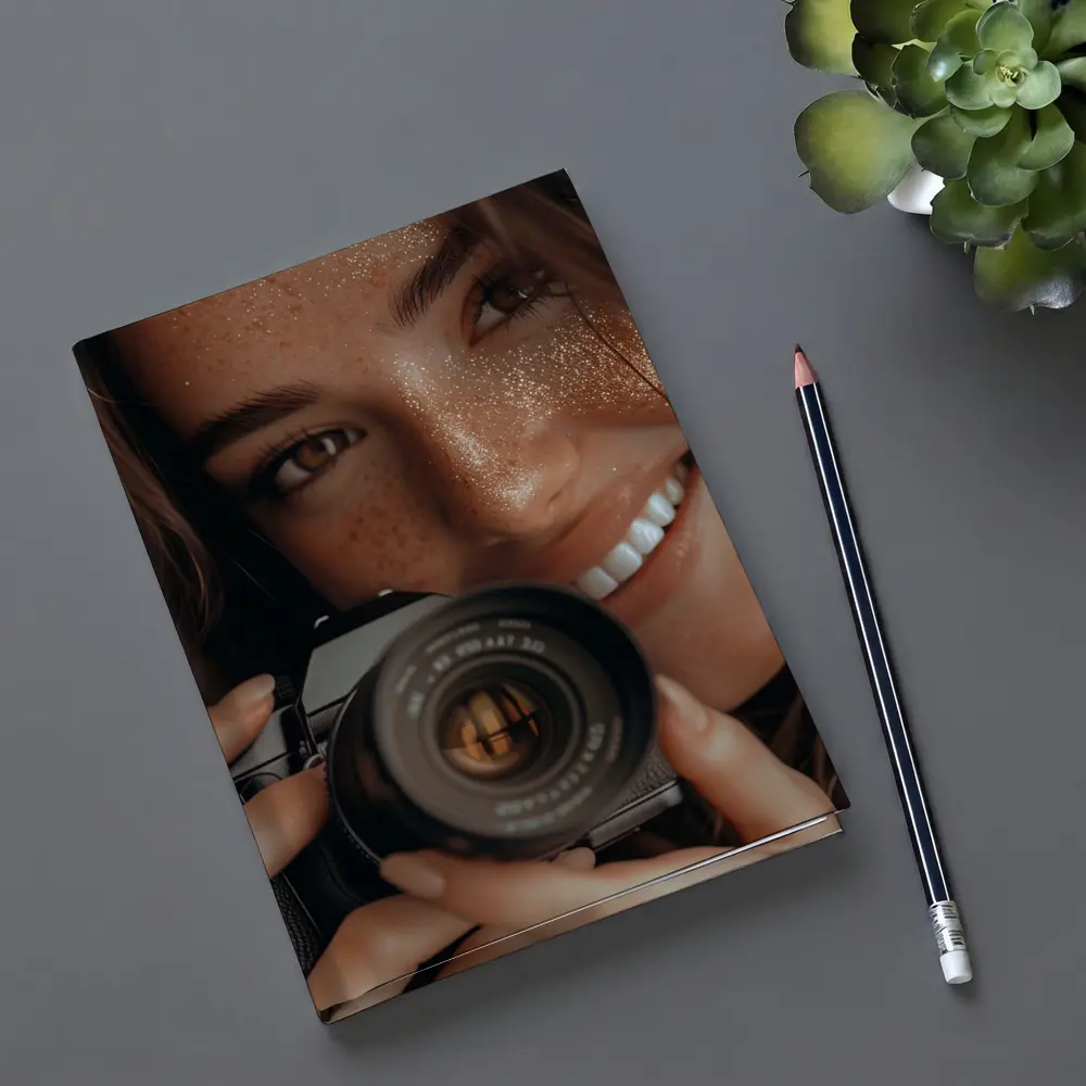 Smiling Woman Holding Camera Close Up – Notebooks