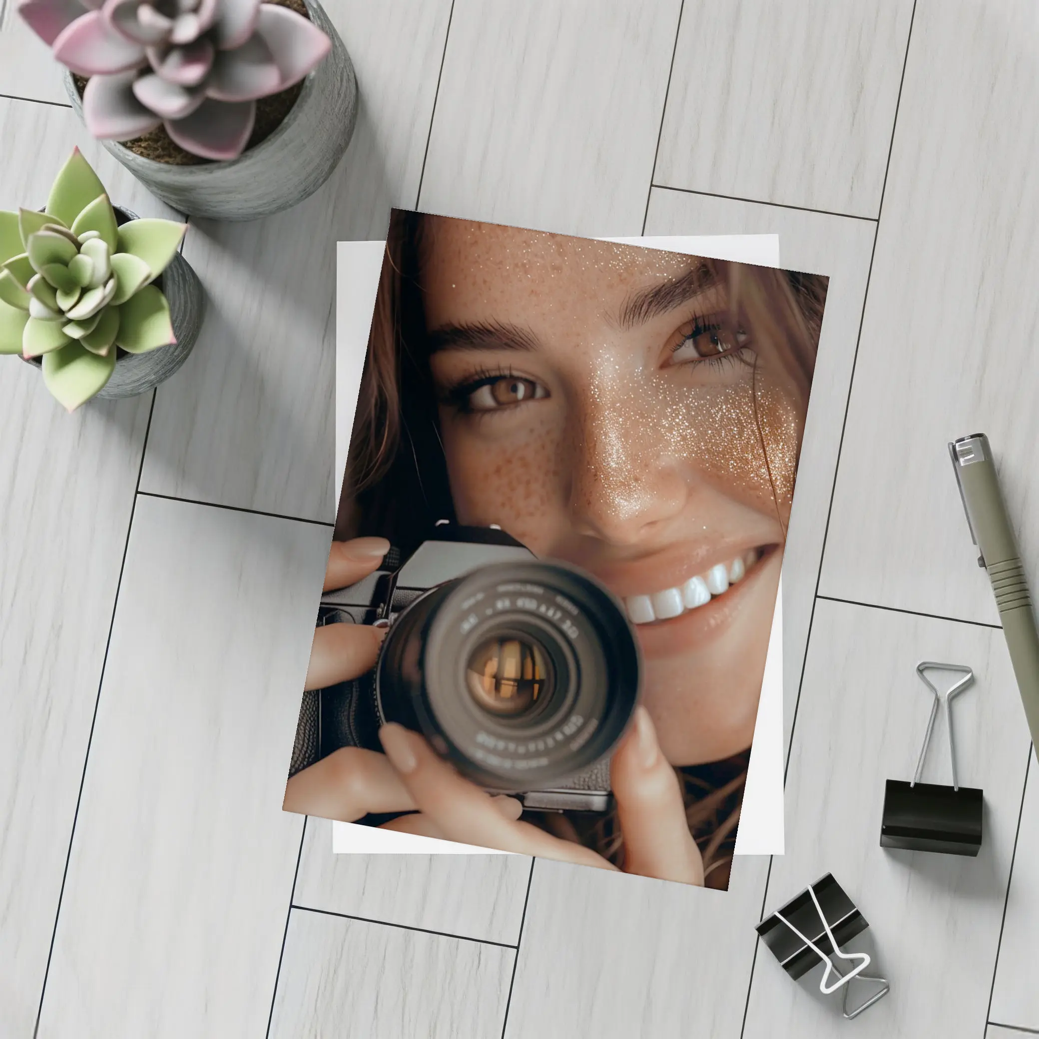 Smiling Woman Holding Camera Close Up – Postcards