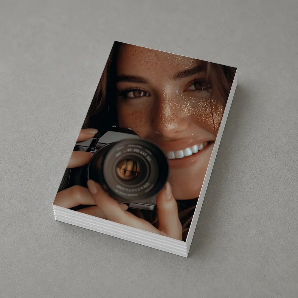 Smiling Woman Holding Camera Close Up – Postcards