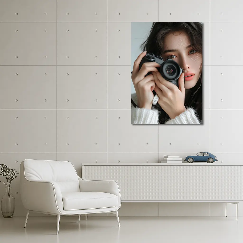 Young Woman Holding Camera White Background – Wall Art