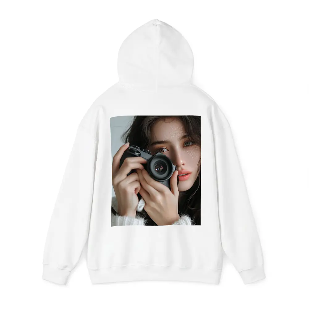Young Woman Holding Camera White Background – Hoodies