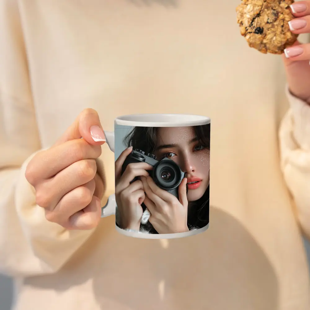 Young Woman Holding Camera White Background – Mugs