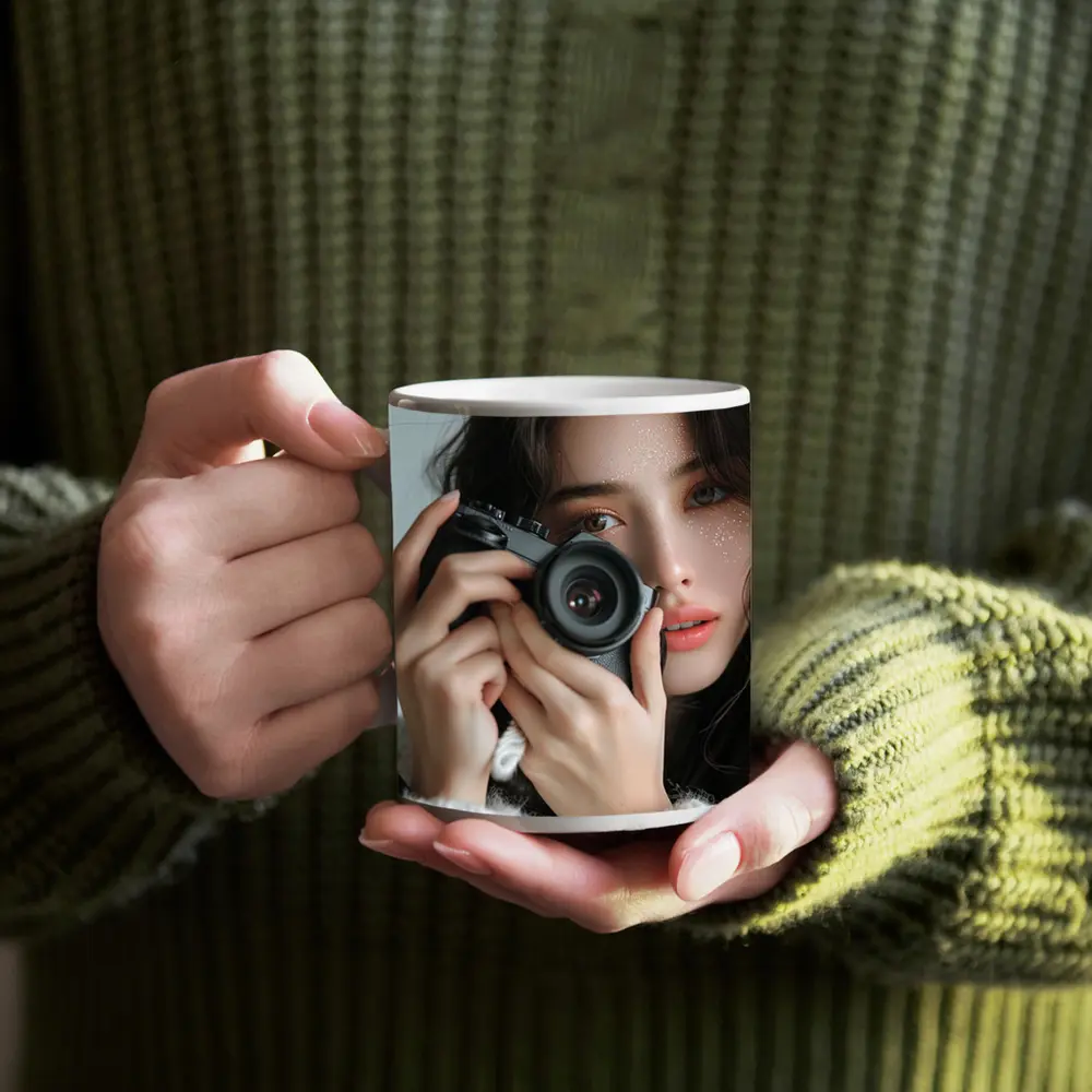 Young Woman Holding Camera White Background – Mugs