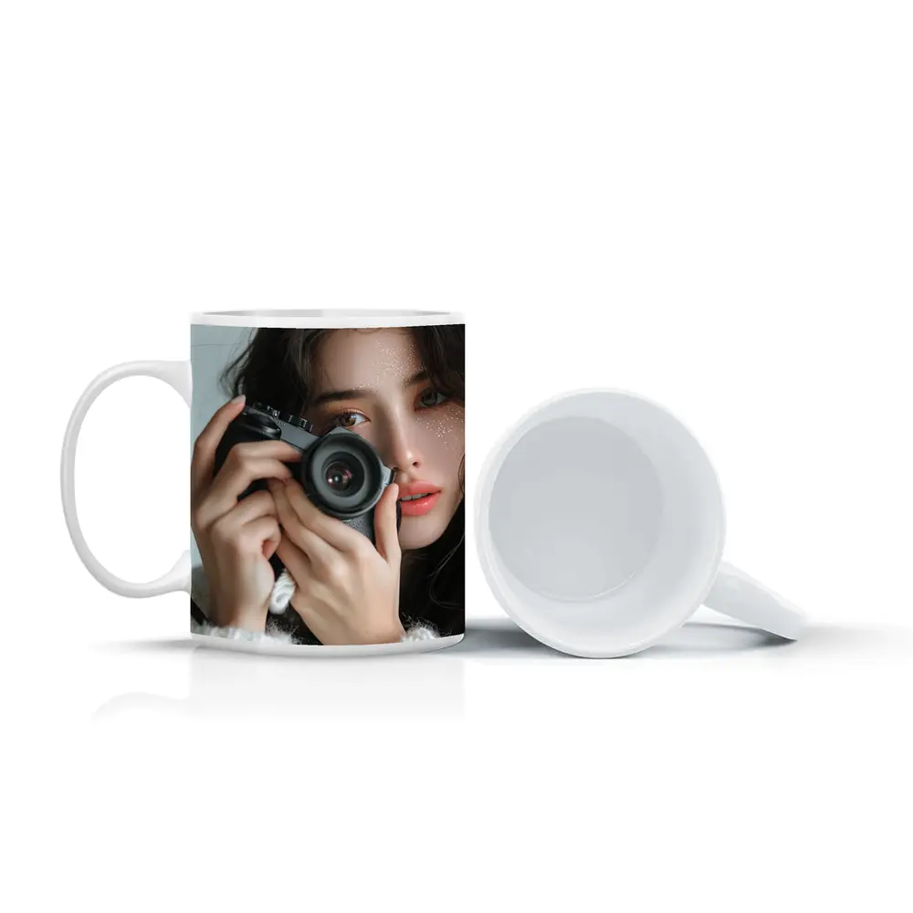 Young Woman Holding Camera White Background – Mugs