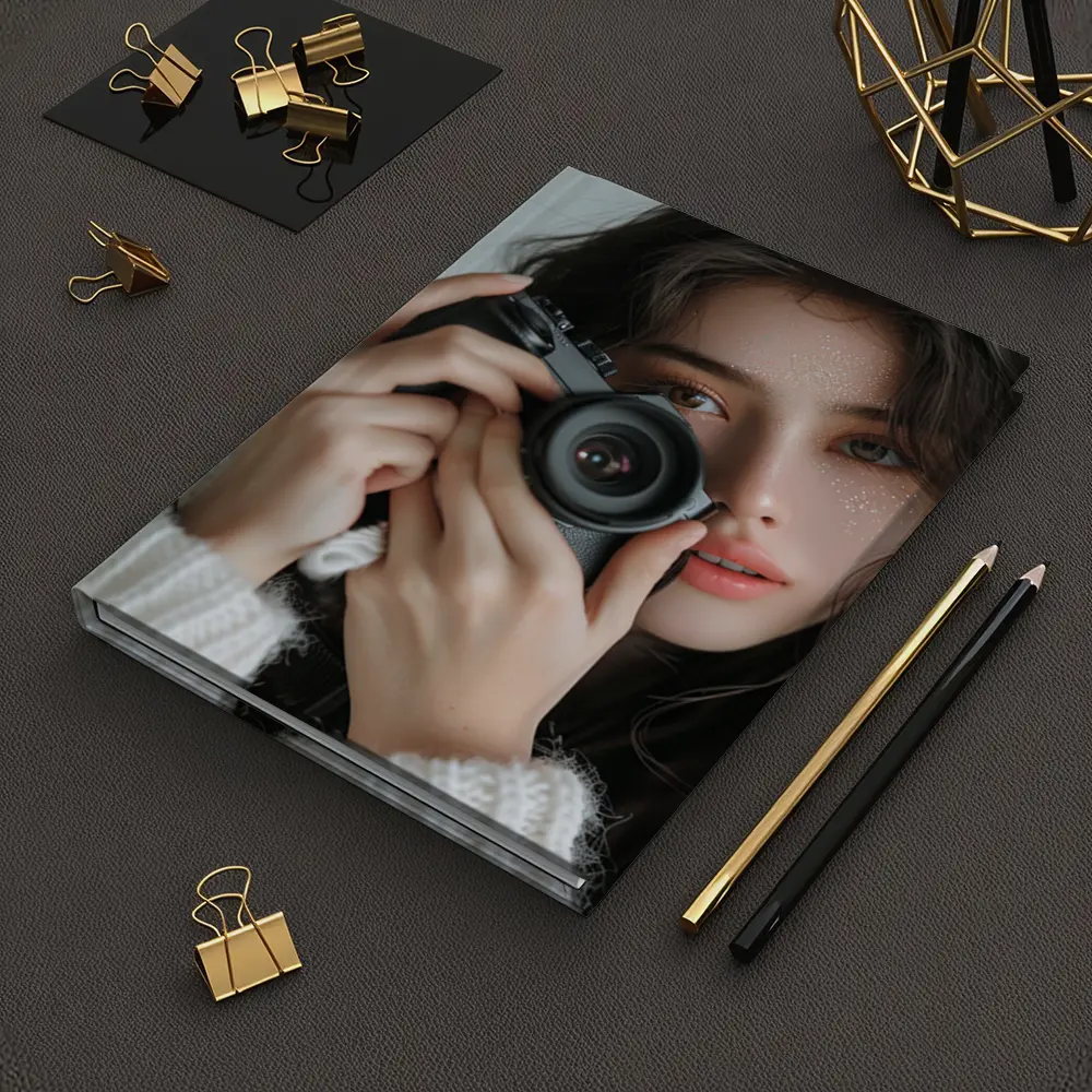 Young Woman Holding Camera White Background – Notebooks