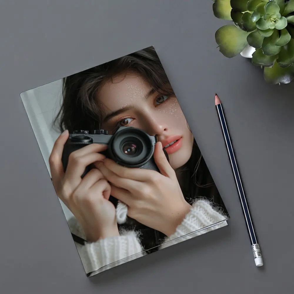 Young Woman Holding Camera White Background – Notebooks