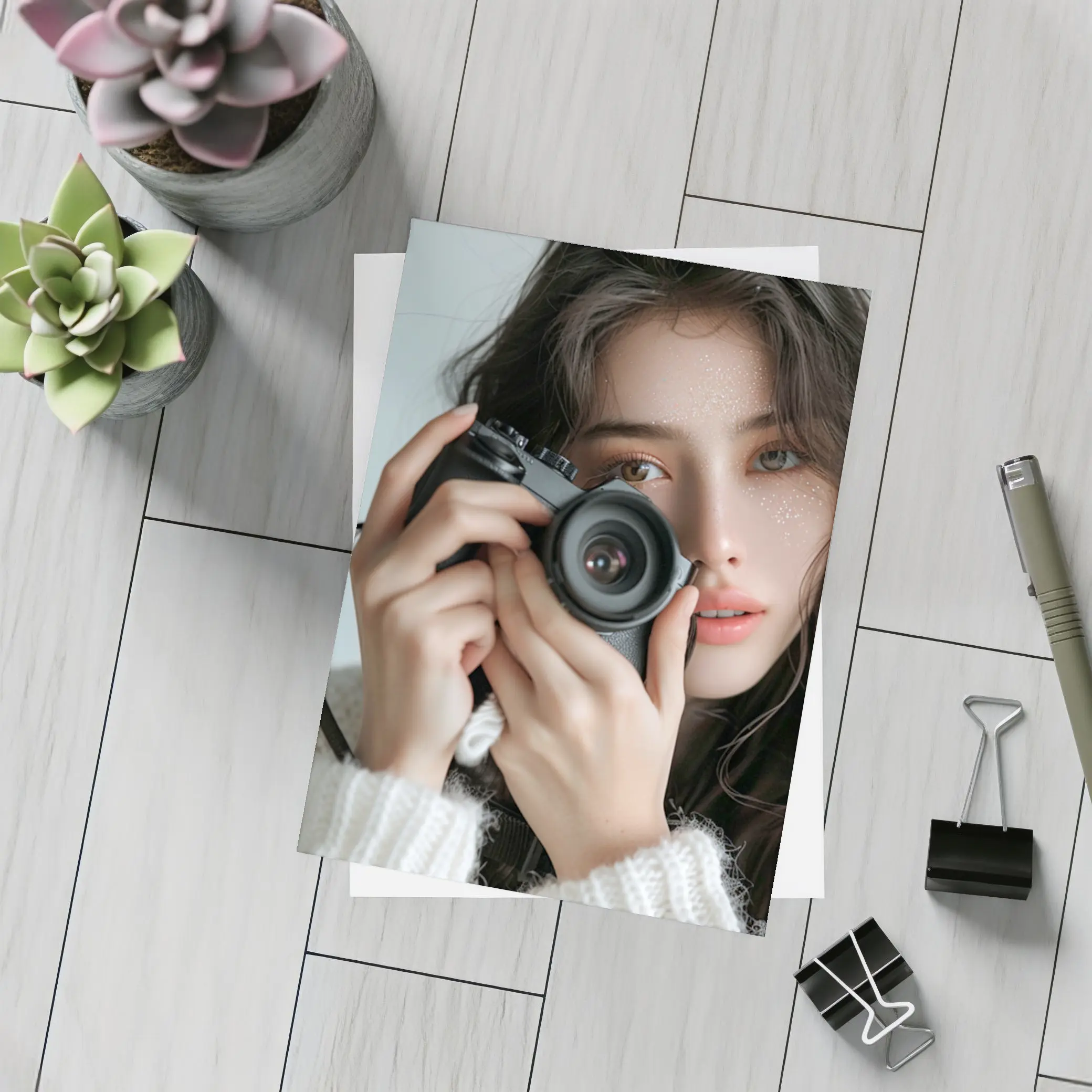 Young Woman Holding Camera White Background – Postcards