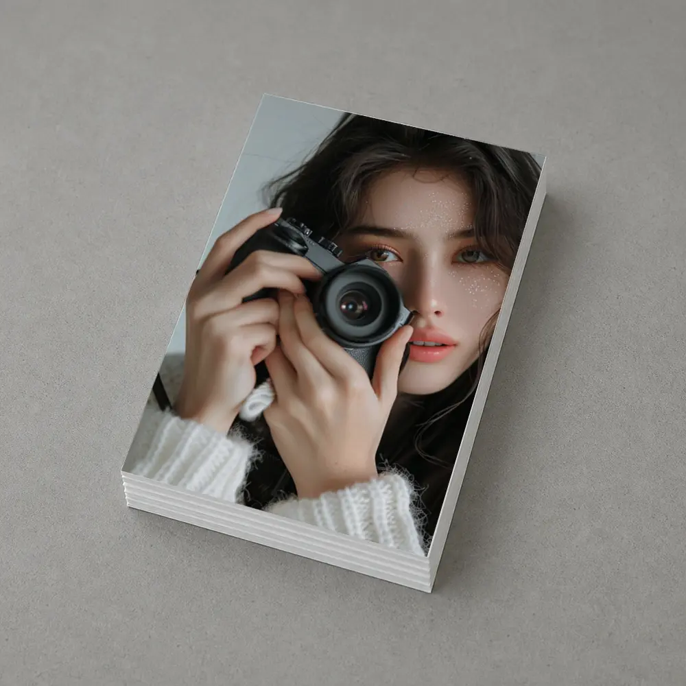 Young Woman Holding Camera White Background – Postcards