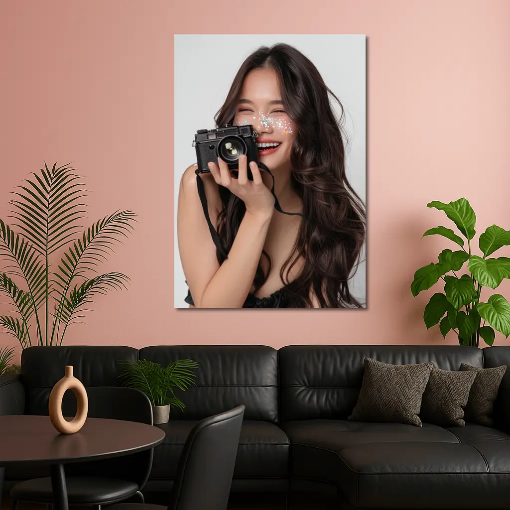 Smiling Woman With Camera And Glitter – Wall Art