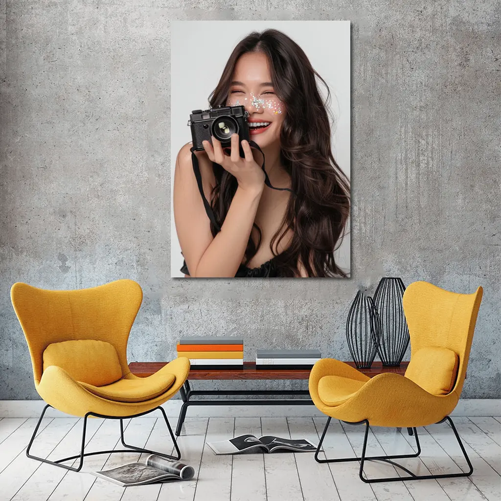 Smiling Woman With Camera And Glitter – Wall Art