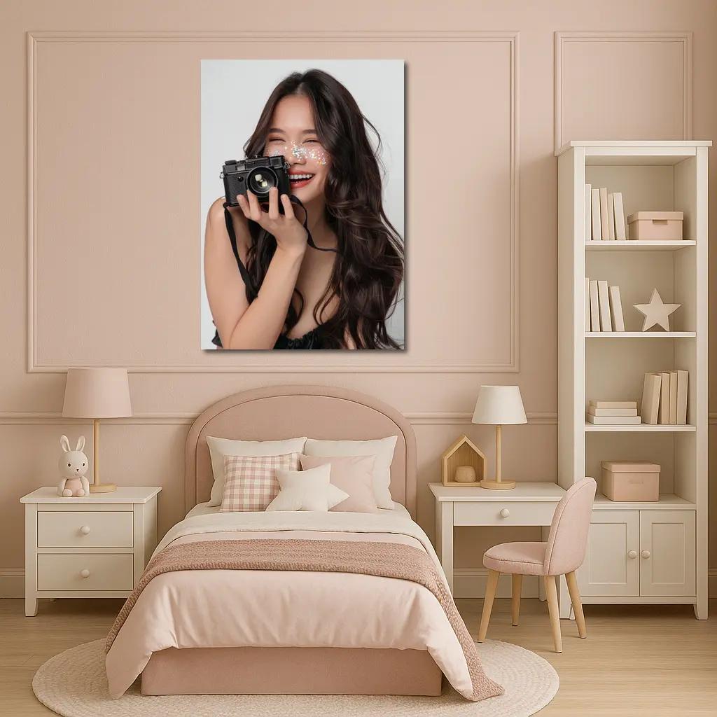 Smiling Woman With Camera And Glitter – Wall Art