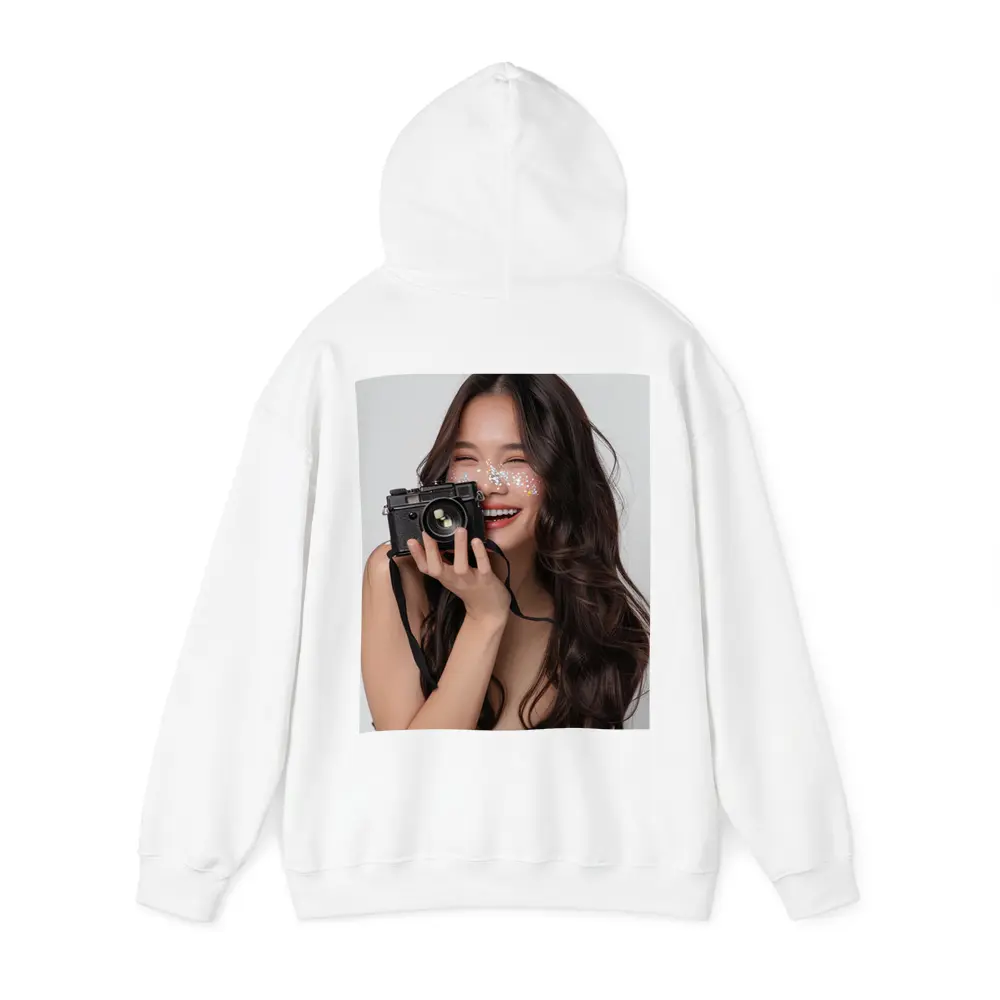 Smiling Woman With Camera And Glitter – Hoodies