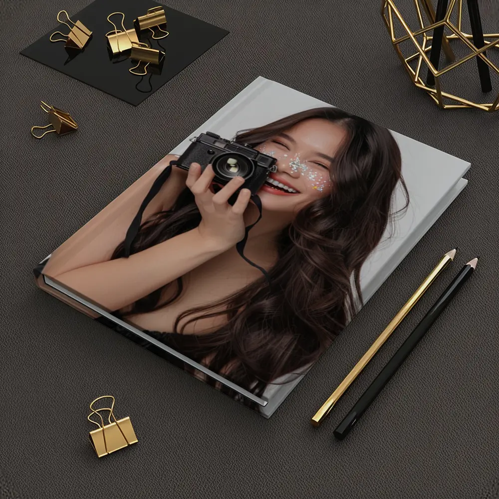 Smiling Woman With Camera And Glitter – Notebooks