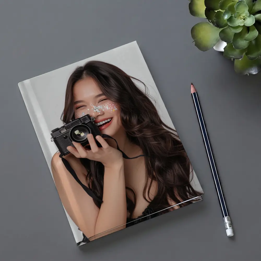 Smiling Woman With Camera And Glitter – Notebooks
