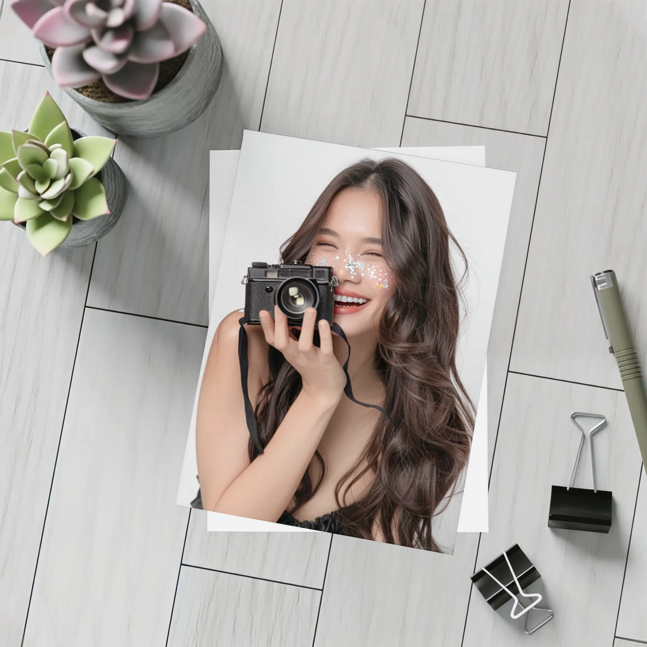 Smiling Woman With Camera And Glitter – Postcards