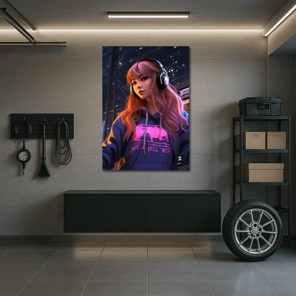 Anime Girl Headphones Neon City Night – Wall Art