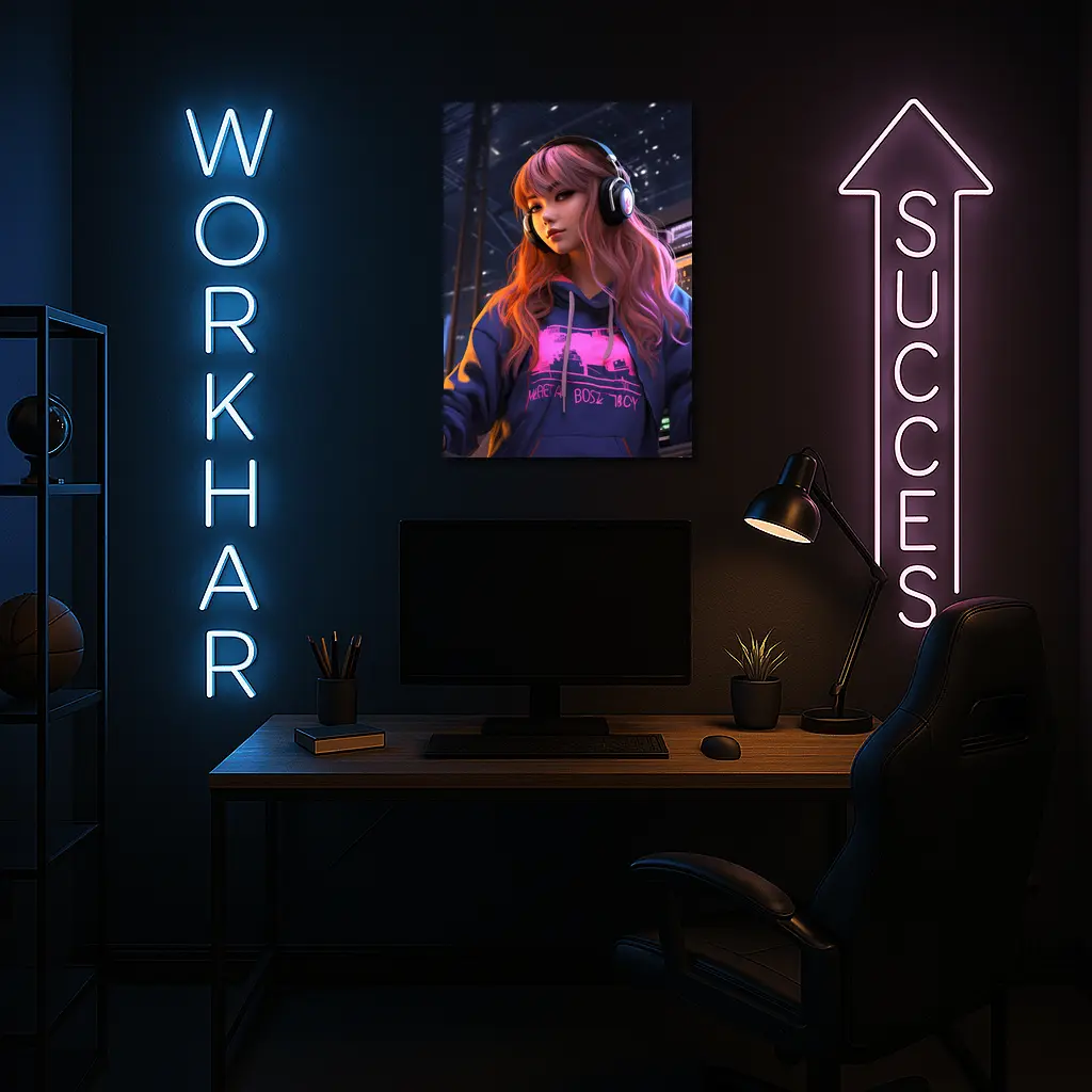 Anime Girl Headphones Neon City Night – Wall Art