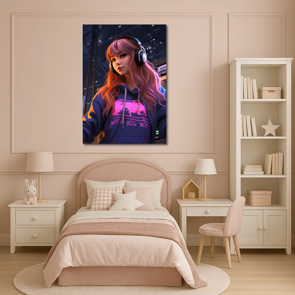 Anime Girl Headphones Neon City Night – Wall Art