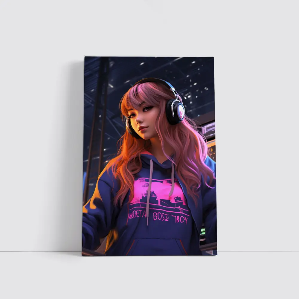 Anime Girl Headphones Neon City Night – Wall Art