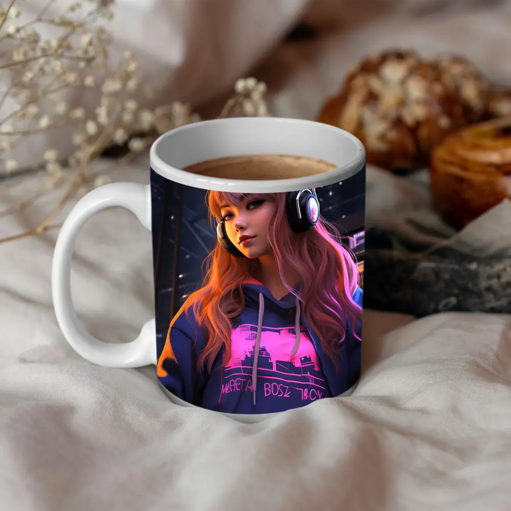 Anime Girl Headphones Neon City Night – Mugs