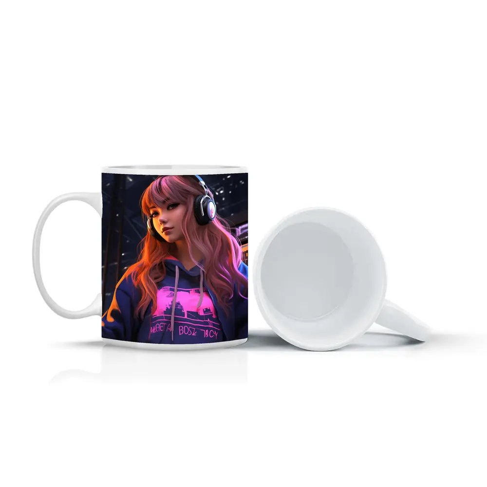Anime Girl Headphones Neon City Night – Mugs