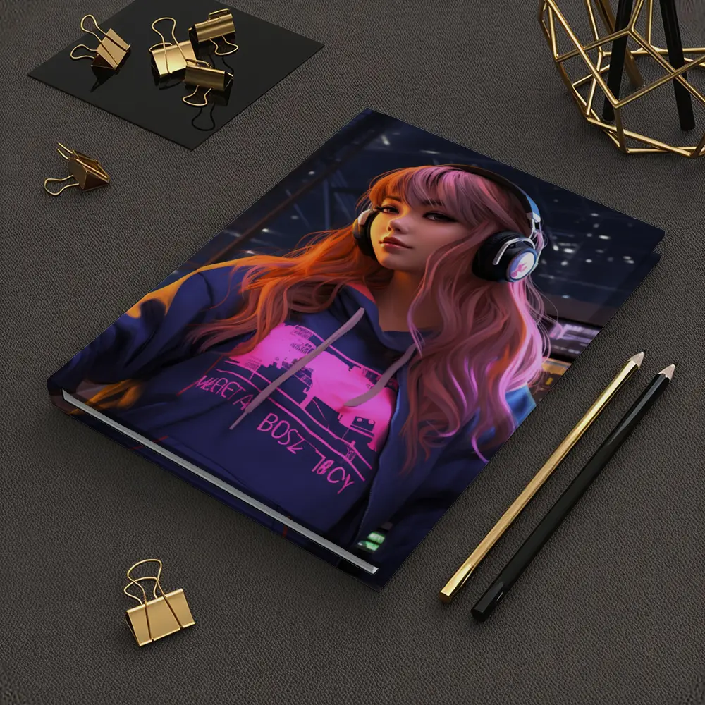 Anime Girl Headphones Neon City Night – Notebooks