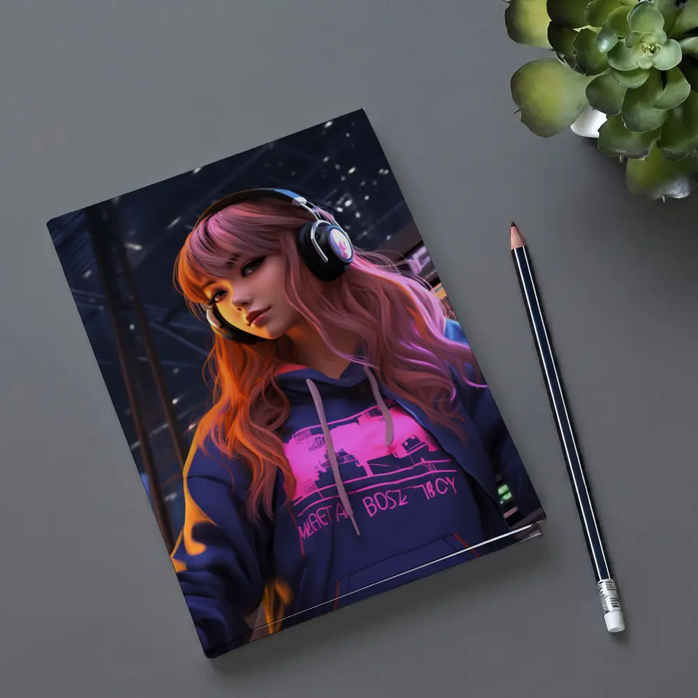 Anime Girl Headphones Neon City Night – Notebooks