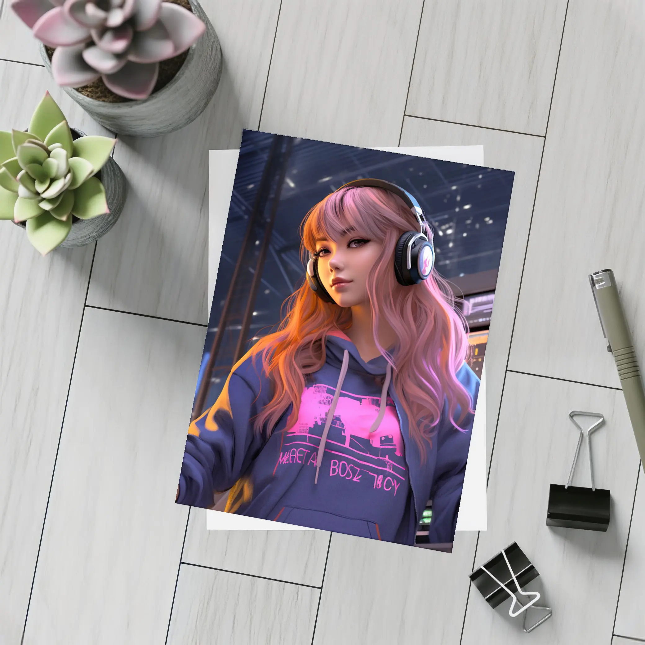 Anime Girl Headphones Neon City Night – Postcards