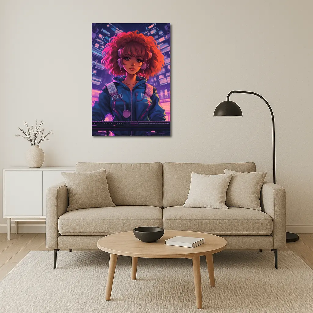 Anime Girl DJ Cyberpunk Neon City Background – Wall Art