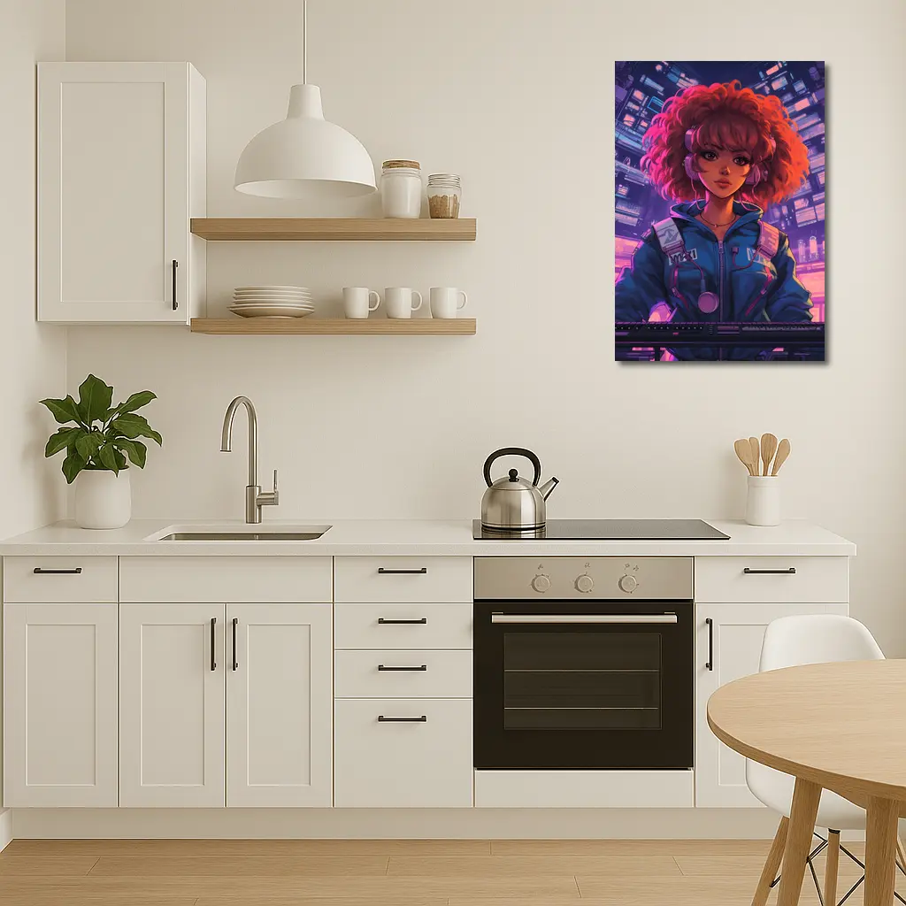 Anime Girl DJ Cyberpunk Neon City Background – Wall Art