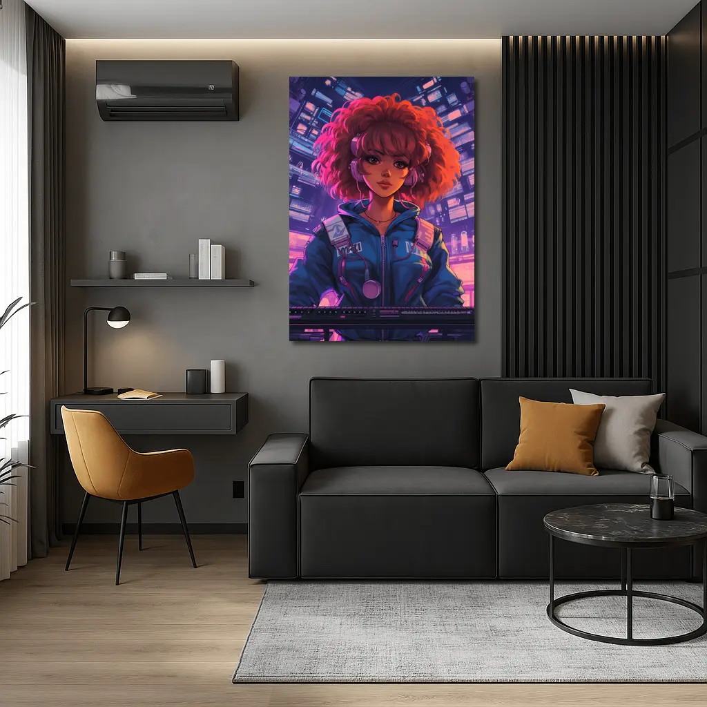 Anime Girl DJ Cyberpunk Neon City Background – Wall Art
