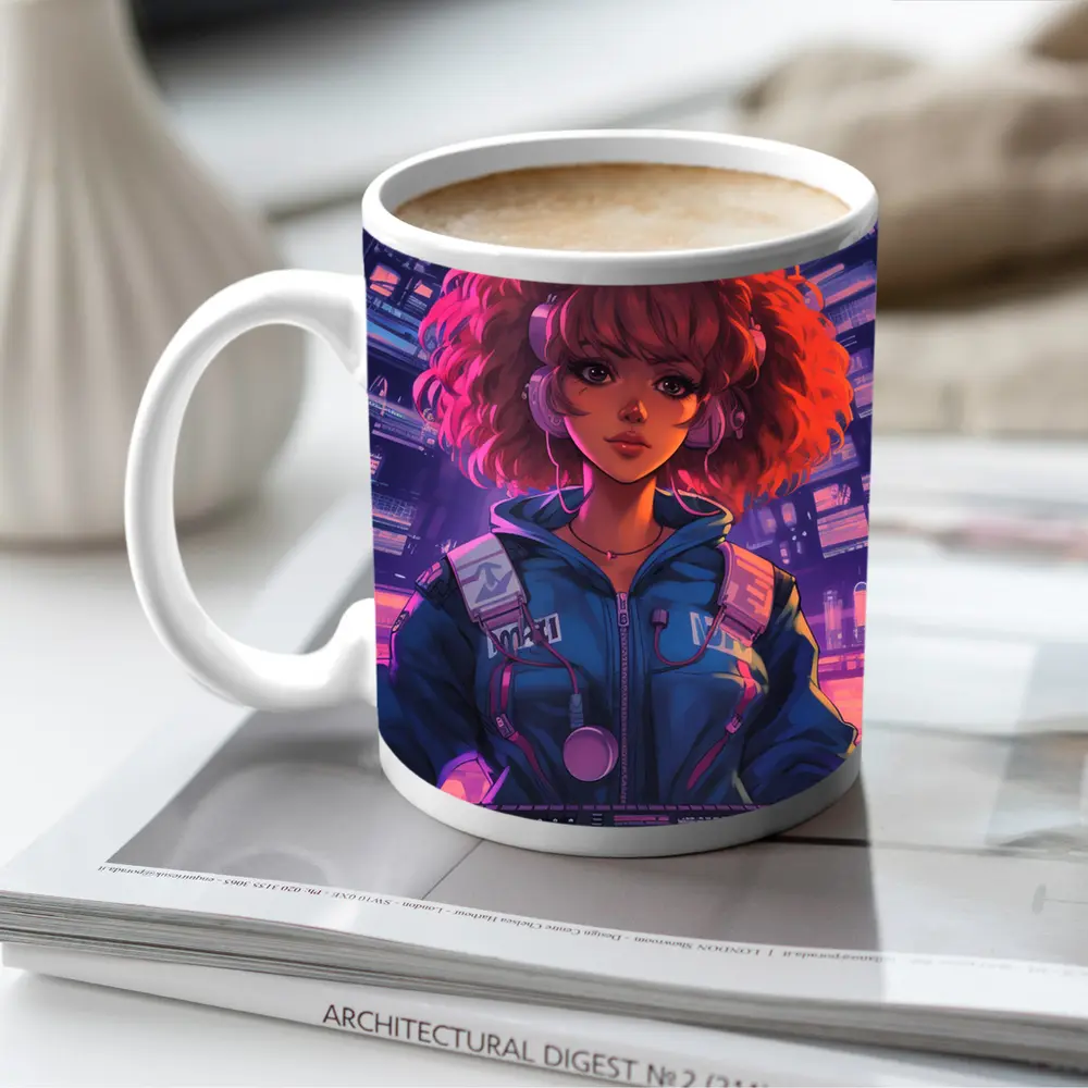 Anime Girl DJ Cyberpunk Neon City Background – Mugs