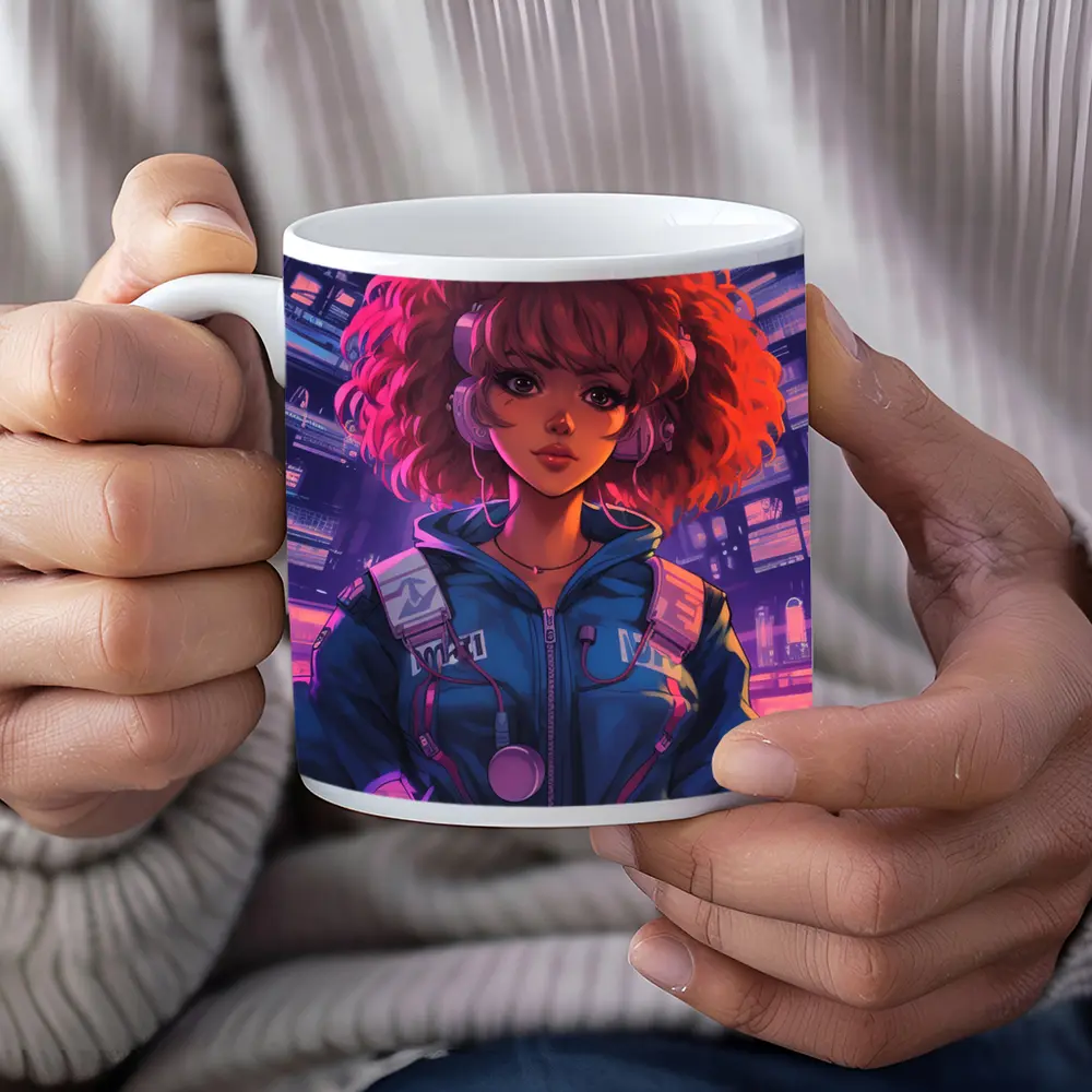 Anime Girl DJ Cyberpunk Neon City Background – Mugs