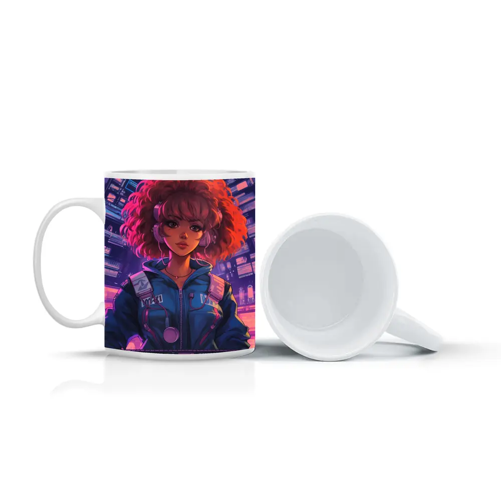 Anime Girl DJ Cyberpunk Neon City Background – Mugs