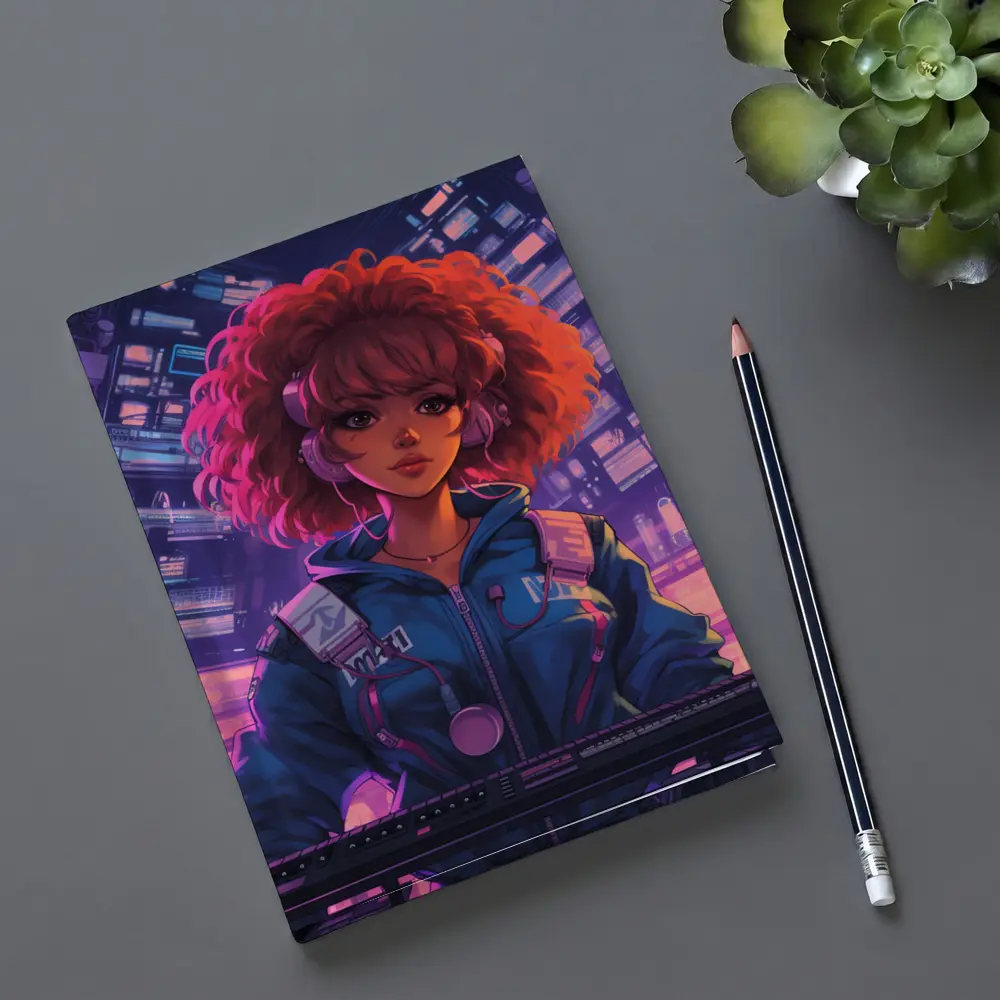 Anime Girl DJ Cyberpunk Neon City Background – Notebooks
