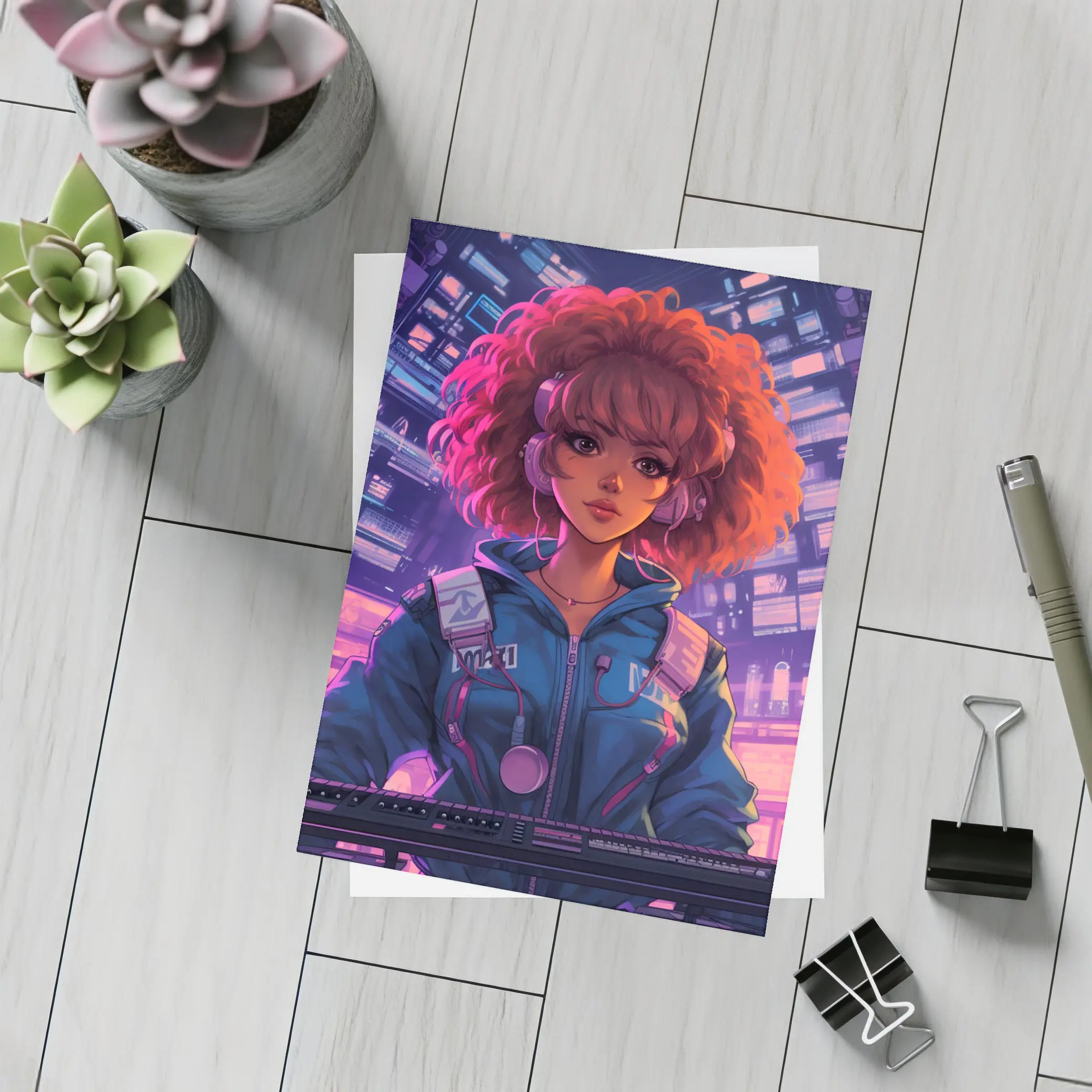 Anime Girl DJ Cyberpunk Neon City Background – Postcards