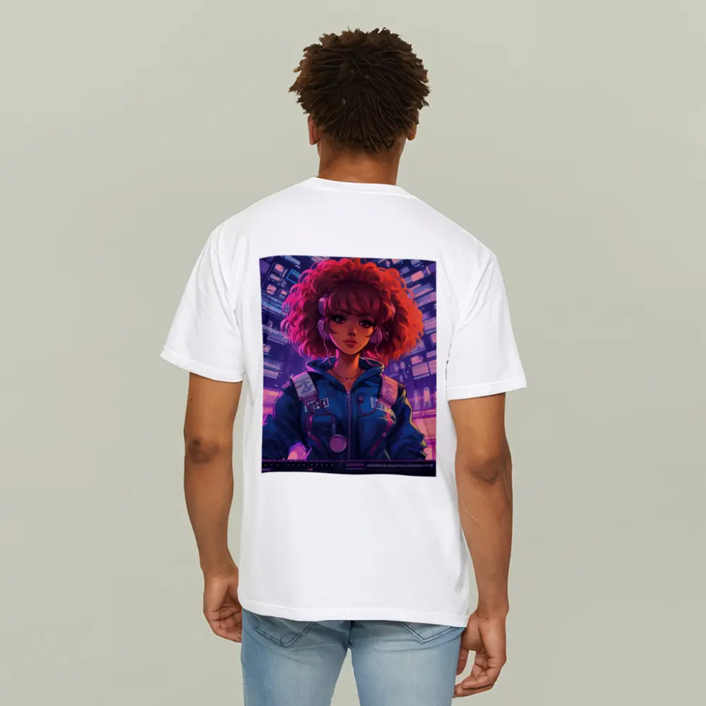 Anime Girl DJ Cyberpunk Neon City Background – T-Shirts