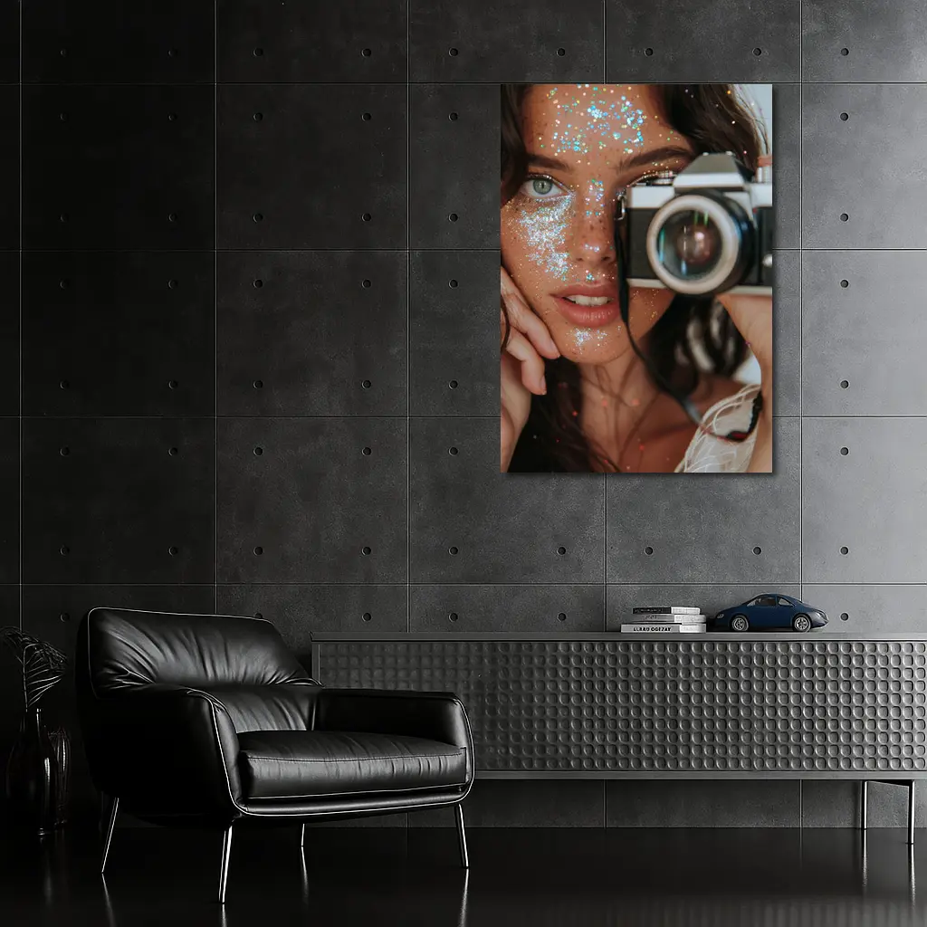 Glitter Makeup Woman Holding Vintage Film Camera – Wall Art
