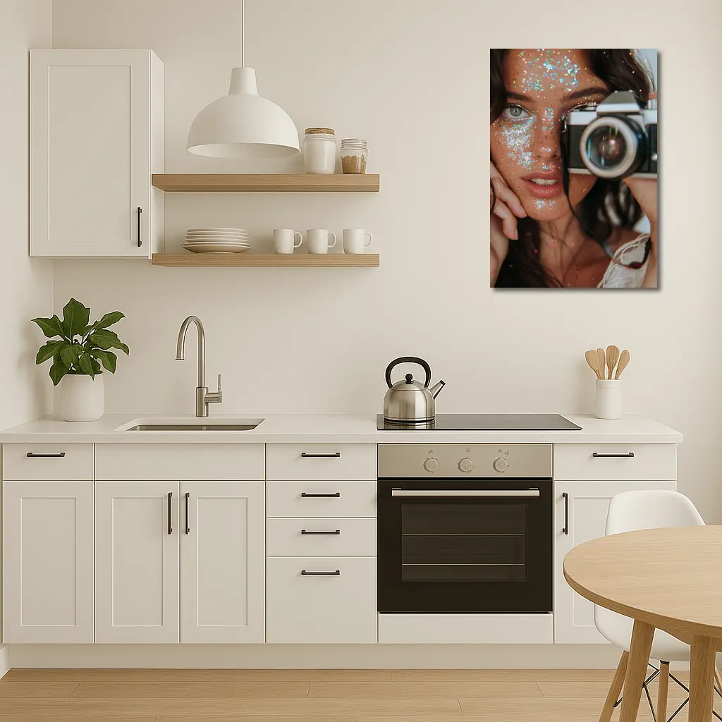 Glitter Makeup Woman Holding Vintage Film Camera – Wall Art