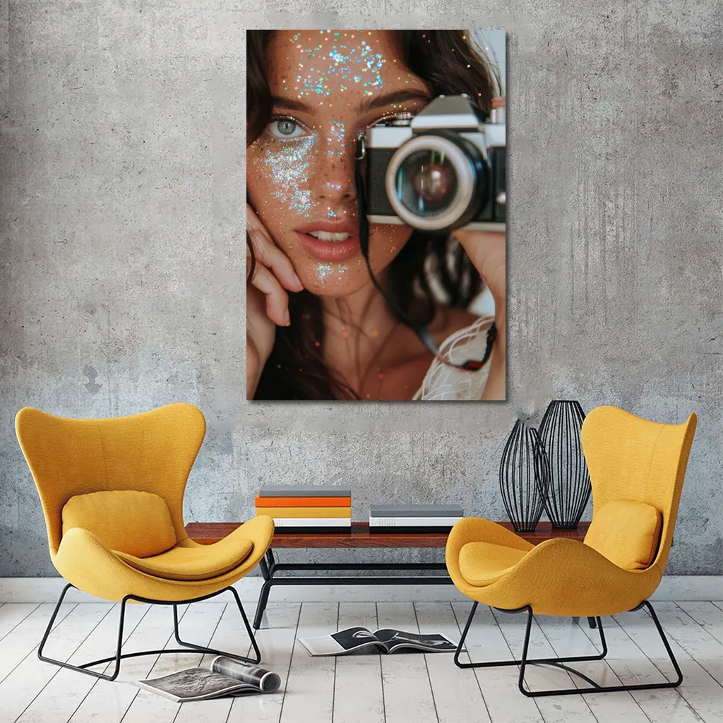 Glitter Makeup Woman Holding Vintage Film Camera – Wall Art
