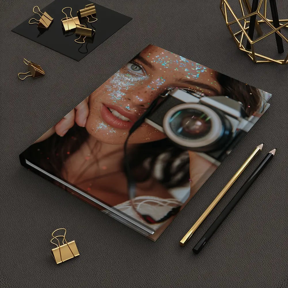 Glitter Makeup Woman Holding Vintage Film Camera – Notebooks