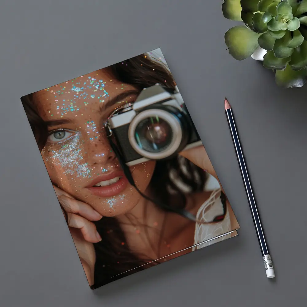Glitter Makeup Woman Holding Vintage Film Camera – Notebooks