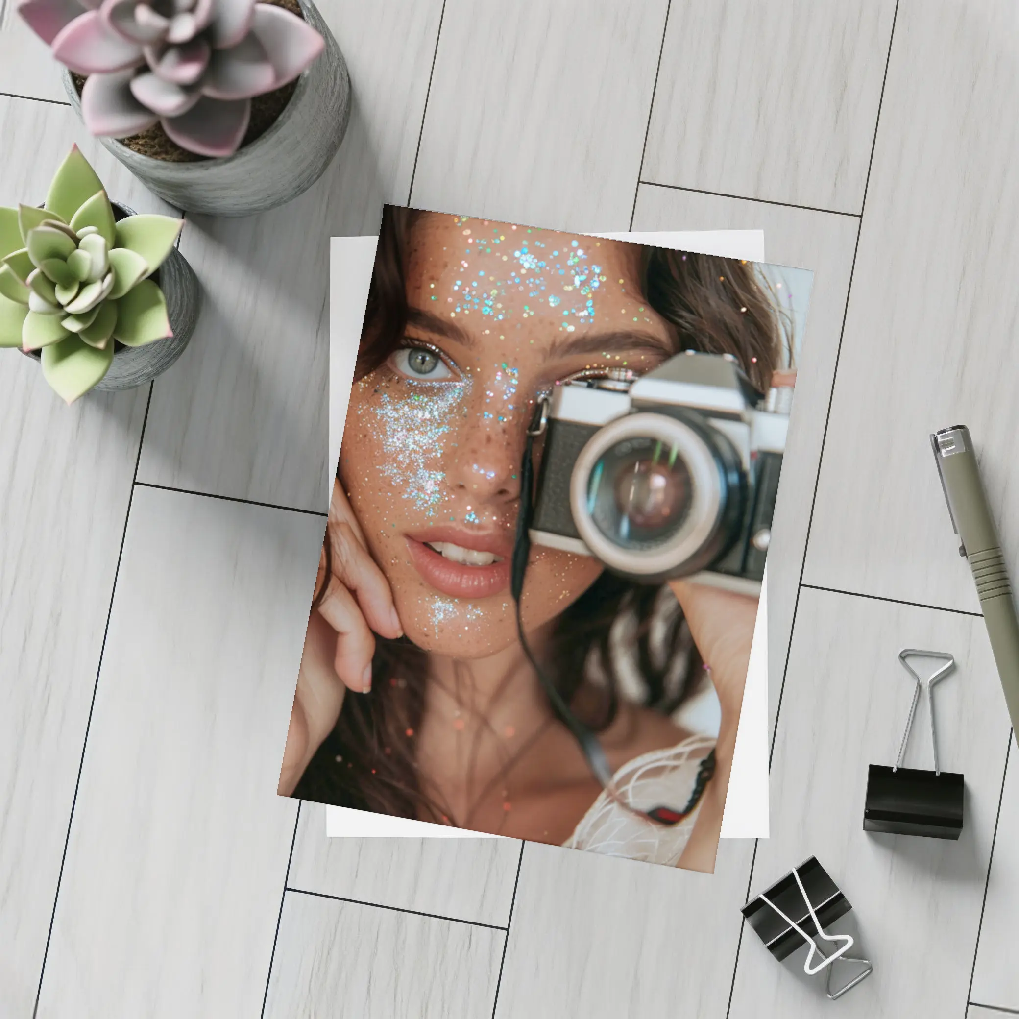 Glitter Makeup Woman Holding Vintage Film Camera – Postcards