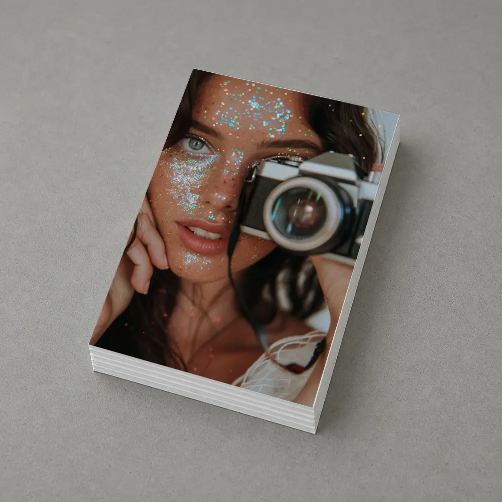 Glitter Makeup Woman Holding Vintage Film Camera – Postcards