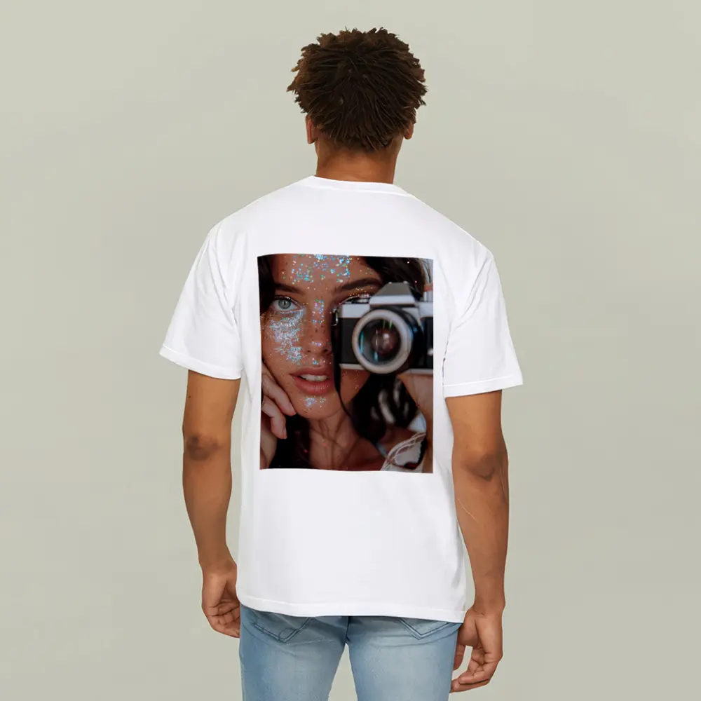 Glitter Makeup Woman Holding Vintage Film Camera – T-Shirts