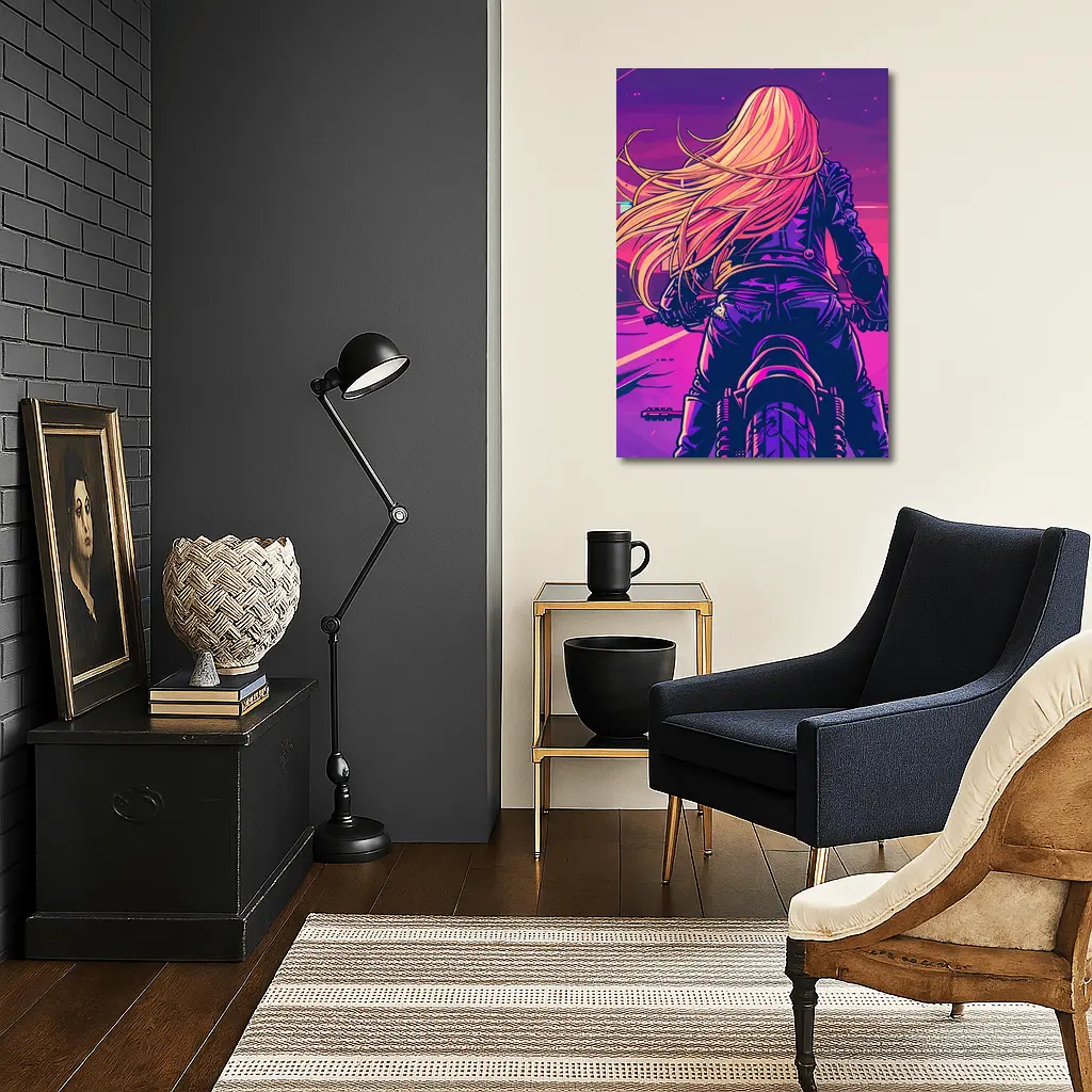Biker Girl Riding Motorcycle Neon Purple Sunset – Wall Art