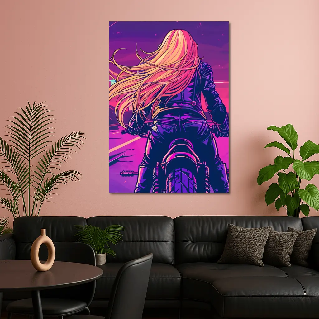 Biker Girl Riding Motorcycle Neon Purple Sunset – Wall Art