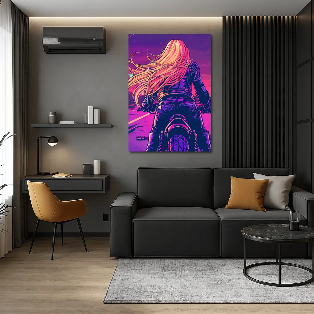Biker Girl Riding Motorcycle Neon Purple Sunset – Wall Art