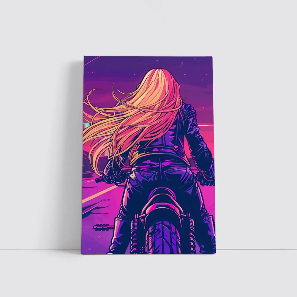 Biker Girl Riding Motorcycle Neon Purple Sunset – Wall Art
