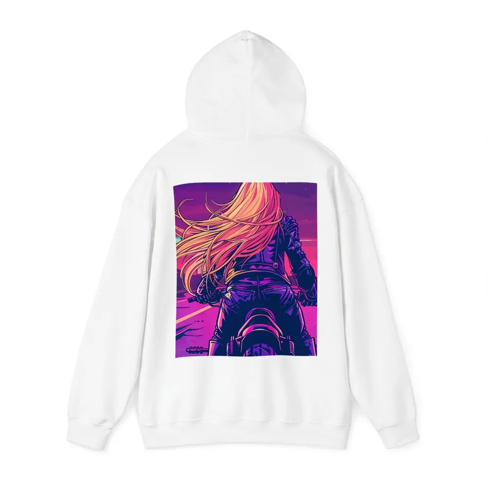 Biker Girl Riding Motorcycle Neon Purple Sunset – Hoodies